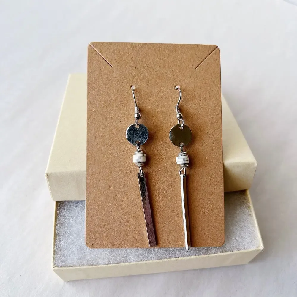 Silver and White Dangly Earrings Handmade Jewelry E1
